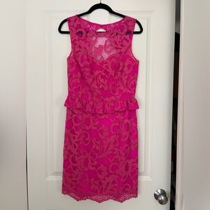 HOT PINK Lilly Pulitzer lace dress with pearl back button size 8 and ruffle